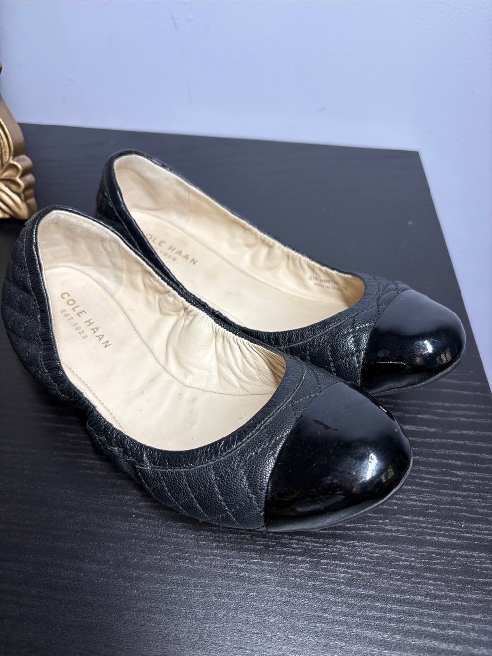 Cole Haan Black Quilted Leather Ballet Flats with Patent Black Cap Toe